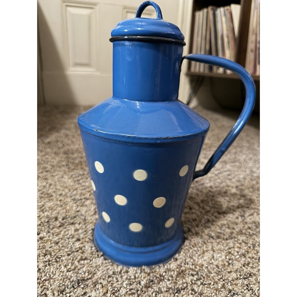 Vintage Enamelware Pitcher Jug Blue White Polka Dot Lidded Jászkisér